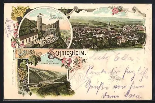 Lithographie Schriesheim, Gesamtansicht, Ruine Strahlenburg, Parthie aus dem Mühlenthahl