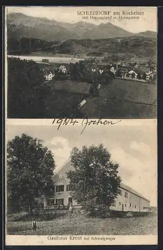 AK Schlehdorf am Kochelsee, Gasthaus Kreut bei Schwaiganger, Ortsansicht mit Herzogstand und Heimgarten