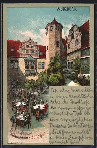 AK Würzburg, Gasthaus Sandhof, Gäste im Innenhof