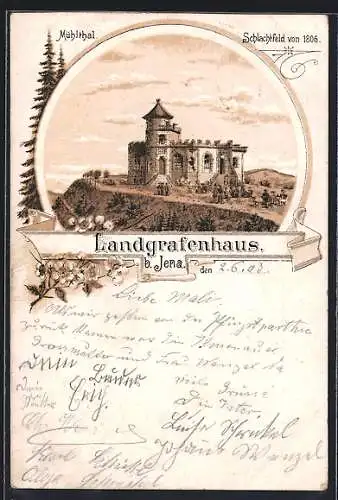 Lithographie Jena, Das Landgrafenhaus im Mühltal, Schlachtfeld von 1806