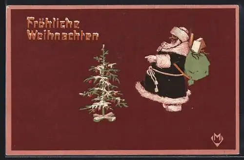 AK Weihnachtsmann mit Geschenken an einem Weihnachtsbaum