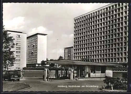 AK Hamburg-Harvestehude, Hochhäuser am Grindelberg, Tankstelle davor