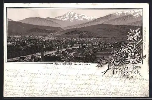 Vorläufer-Lithographie Innsbruck, 1893, Ortsansicht nach Süden