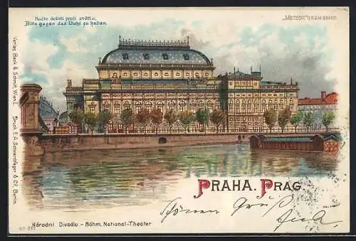 Lithographie Prag, Böhmisches National-Theater, Halt gegen das Licht