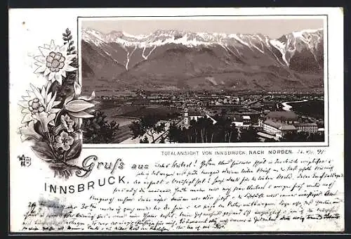 Vorläufer-Lithographie Innsbruck, 1895, Totalansicht der Stadt nach Norden