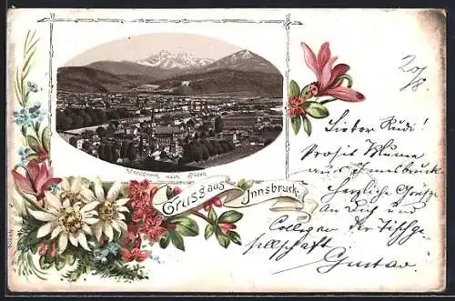 Vorläufer-Lithographie Innsbruck, 1895, Totalansicht nach Süden, florales Passepartout