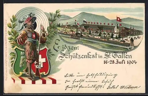Lithographie St. Gallen, Eidgen. Schützenfest 1904, Festhalle, Schütze mit Gewehr vor Zielscheibe