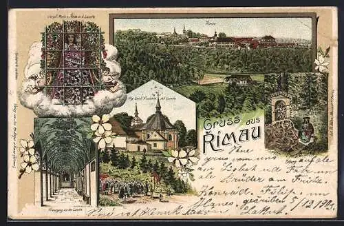 Lithographie Rimau, Hlg. Geist Kirchlein mit Lorette, Gnadenbild, Ölberg, Ortsansicht