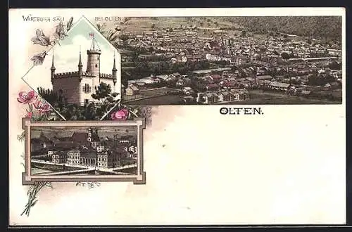 Lithographie Olten, Wartburg Säli und Totalansicht im Enzian-Passepartout