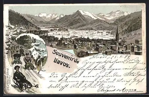 Lithographie Davos, Winterlich verschneite Totalansicht mit Bergpanorama, Schlittenfahrer, Um 1900