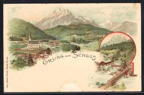 Lithographie Schuls, Ortsansichten m. Kirche