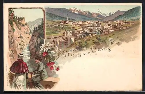 Lithographie Davos, Ortsansicht im Sommer, Wanderer blicken in die Schlucht