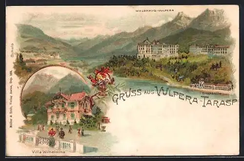 Lithographie Vulpera-Tarasp, Villa Wilhelmina und Trinkhalle