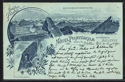 Mondschein-Lithographie Pilatus, Hotel Pilatuskulm mit Dependance Bellevue, Bergbahn an der Eselwand