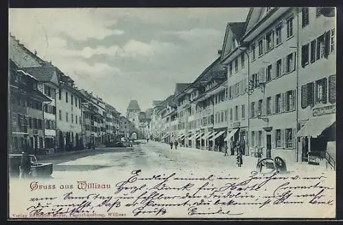 Mondschein-AK Willisau, Strassenpartie mit Geschäft von Schuhmacher Jos. Meyer