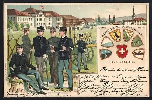 Lithographie St. Gallen, Ostschweiz. Kadettentag Sept. 1899, Soldaten in Uniform