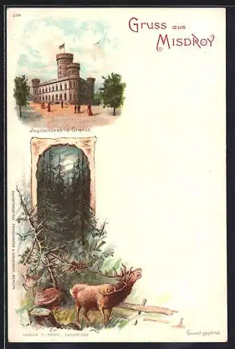 Lithographie Binz, Jagdschloss i. d. Gronitz, Hirsch im Wald