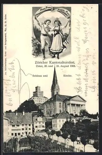 AK Uster /Zürich, Kantonalturnfest 1905, Schloss und Kirche, Turner mit Banner