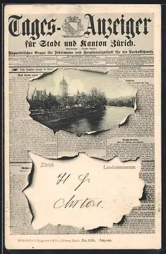 AK Zürich, Tages-Anzeiger für Stadt und Kanton Zürich, Landesmuseum im Zeitungs-Passepartout