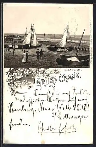 Lithographie Cranz, Strandpartie mit Segelbooten