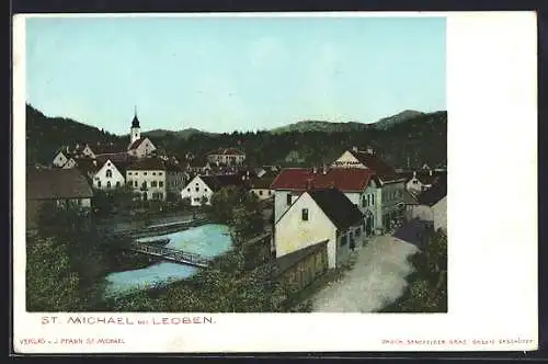 AK St. Michael bei Leoben, Ortspartie mit Geschäften und Kirche