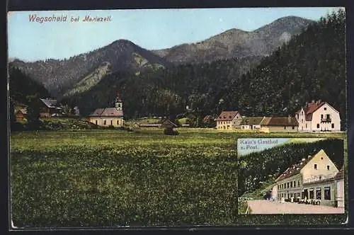 AK Mariazell, Wegscheid, Kain`s Gasthof zur Post, Ortspartie mit Kirche