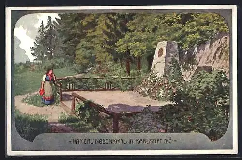 Künstler-AK Bad Grosspertholz, Karlstift, Frau am Hamerlingdenkmal