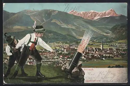 AK Villach, 2 Jungen in Trachten zünden eine Kanone, um 1900