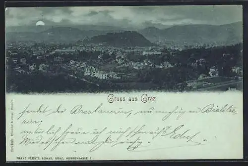 Mondschein-AK Graz, Teilansicht mit Bergen