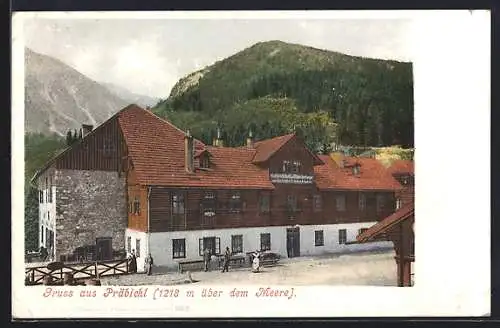 AK Präbichl, Gastwirtschaft und Alpenherberge zum Reichenstein, Bergpanorama