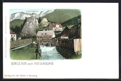 Lithographie Neuberg /Mürz, Ortspartie mit Angler