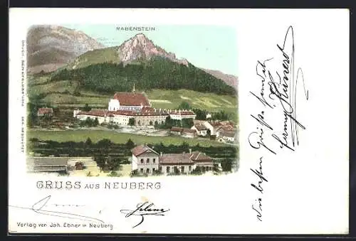 Lithographie Neuberg /Mürz, Ortspartie mit dem Bahnhof