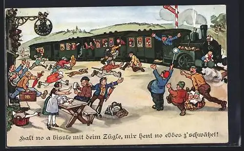 Künstler-AK Hans Boettcher: Schwäbische Eisenbahn fährt im Bahnhof ein