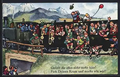 Künstler-AK Hans Boettcher: Fahrgäste feiern in der Eisenbahn.