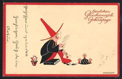 Künstler-AK Kerckhoff: Rauchender Mann liest einen Brief, Geburtstagsgruss