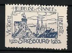 Reklamemarke Strasbourg, Heureuse Année 1920, Stadtansicht mit Storch