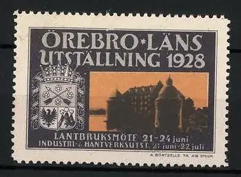 Reklamemarke Örebro, Läns Utställning 1928, Schloss und Wappen