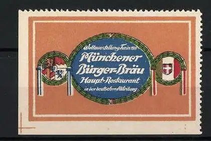 Reklamemarke München, Münchener Bürger-Bräu Haupt-Restaurant, Welt-Ausstellung Turin 1911