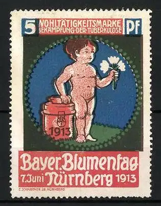 Reklamemarke Nürnberg, Bayer-Blumentag 1913, Kind mit Blumen und Spendenbox