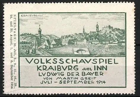 Reklamemarke Kraiburg am Inn, Volksschauspiel Ludwig der Bayer, 1914, Stadtansicht