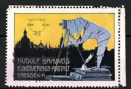 Künstler-Reklamemarke Möng, Dresden, Rudolf Brauneis Kunstverlags-Anstalt, Fotograf mit Fotoapparat & Stadtsilhouette