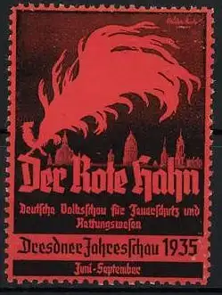 Reklamemarke Dresden, Der Rote Hahn, Feuerschutz Deutsche Volksschau 1935