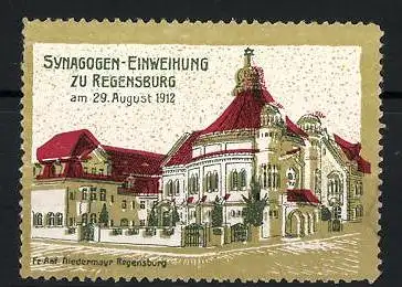 Reklamemarke Regensburg, Synagogen-Einweihung am 29. August 1912, Synagoge mit rotem Dach, Judaika