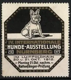 Reklamemarke Nürnberg, IV. Internationale Hunde-Ausstellung 1912, sitzender Hund Französische Bulldogge