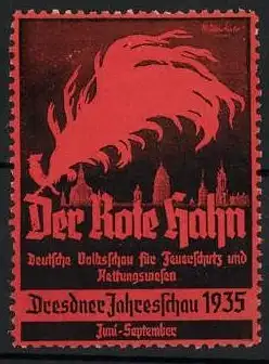 Reklamemarke Dresden, Der Rote Hahn, Feuerschutz, Jahresschau 1935, Flamme als Symbol