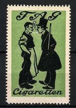 Reklamemarke TAG Zigaretten, zwei rauchende Männer im Gespräch