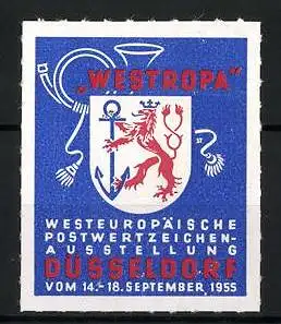 Reklamemarke Düsseldorf, Westropa Postwertzeichenausstellung 1955, Wappen mit Anker und Löwe