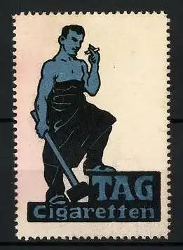 Reklamemarke TAG Cigaretten, Schmied mit Hammer
