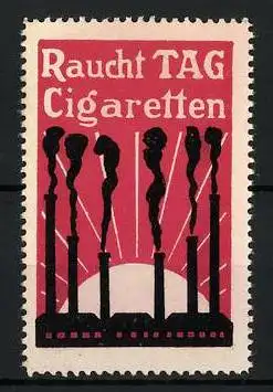 Reklamemarke Raucht TAG Cigaretten, Fabrikschornsteine