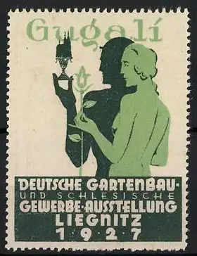 Reklamemarke Liegnitz, Deutsche Gartenbau- und Schlesische Gewerbe-Ausstellung 1927, Silhouette von Paar